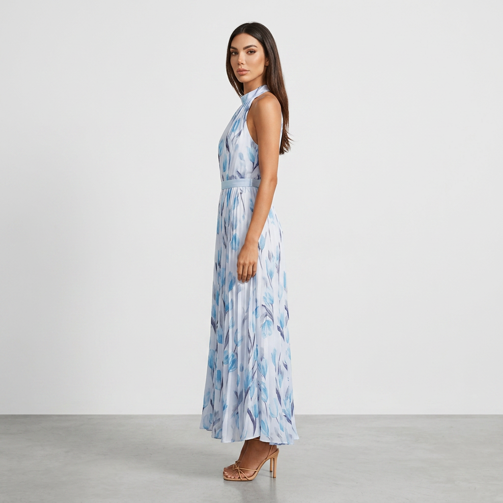 Vestido maxi para mujer: vestido largo de verano con cuello halter y estampado | corte elegante con pliegues