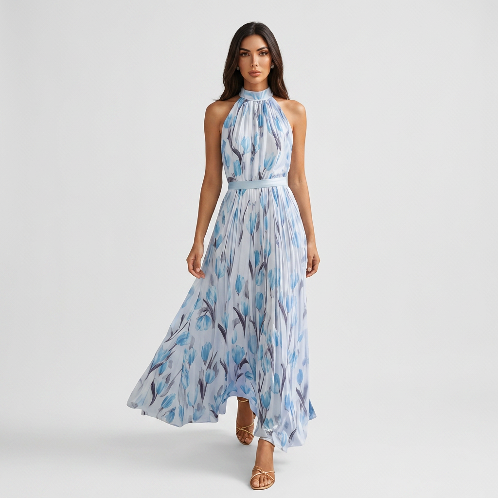 Vestido maxi para mujer: vestido largo de verano con cuello halter y estampado | corte elegante con pliegues