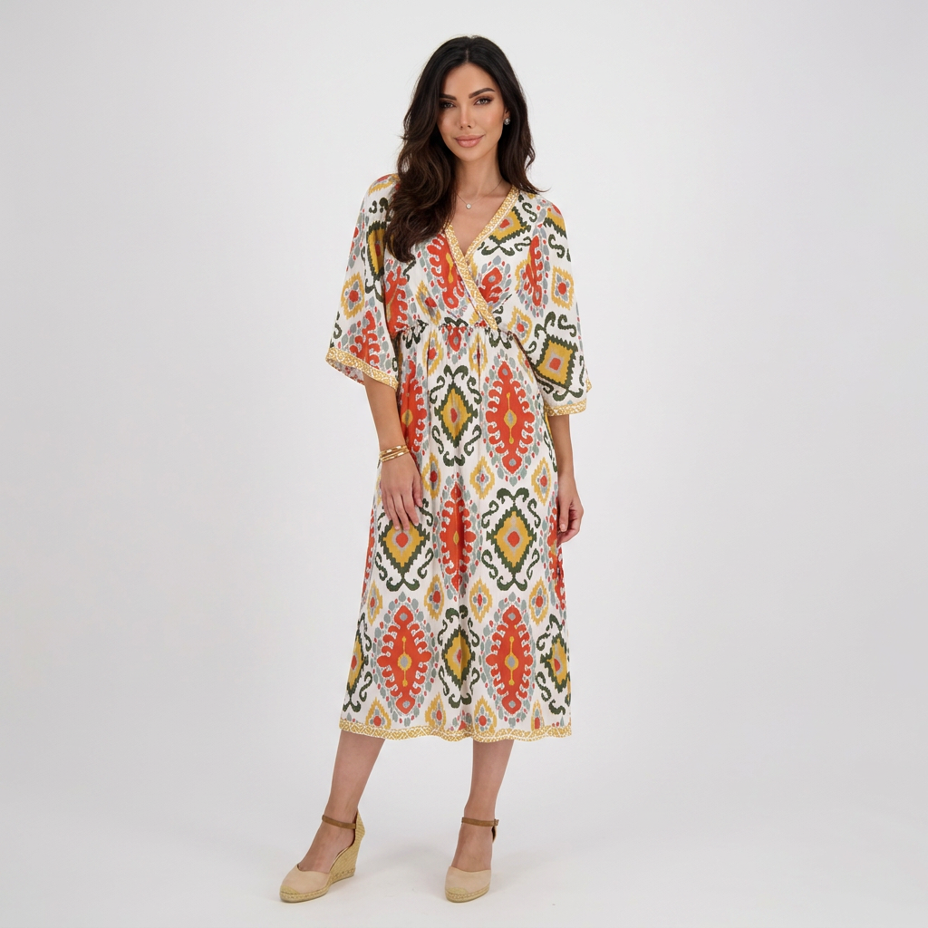 Vestido Midi Mujer Estampado con Escote Cruzado