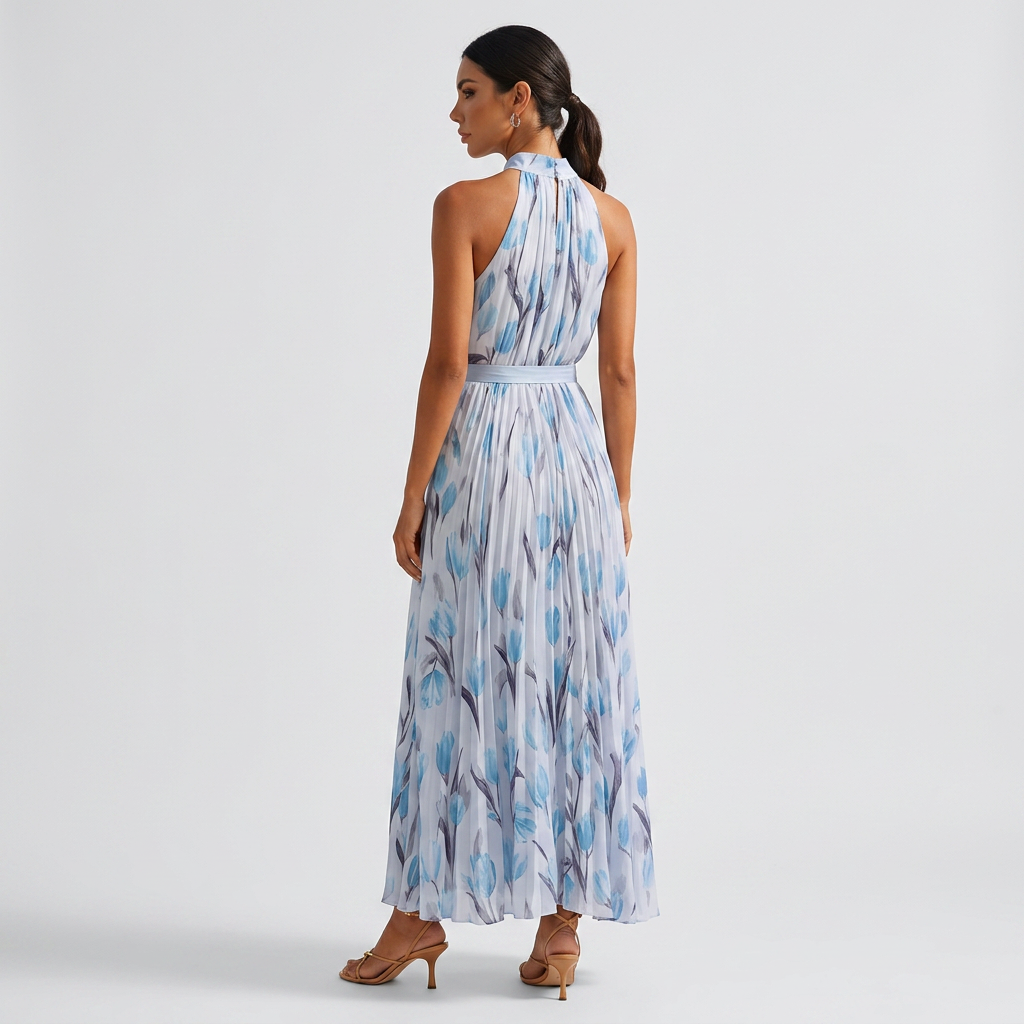 Vestido maxi para mujer: vestido largo de verano con cuello halter y estampado | corte elegante con pliegues