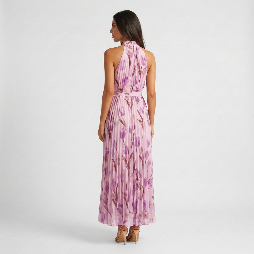 Vestido maxi para mujer: vestido largo de verano con cuello halter y estampado | corte elegante con pliegues