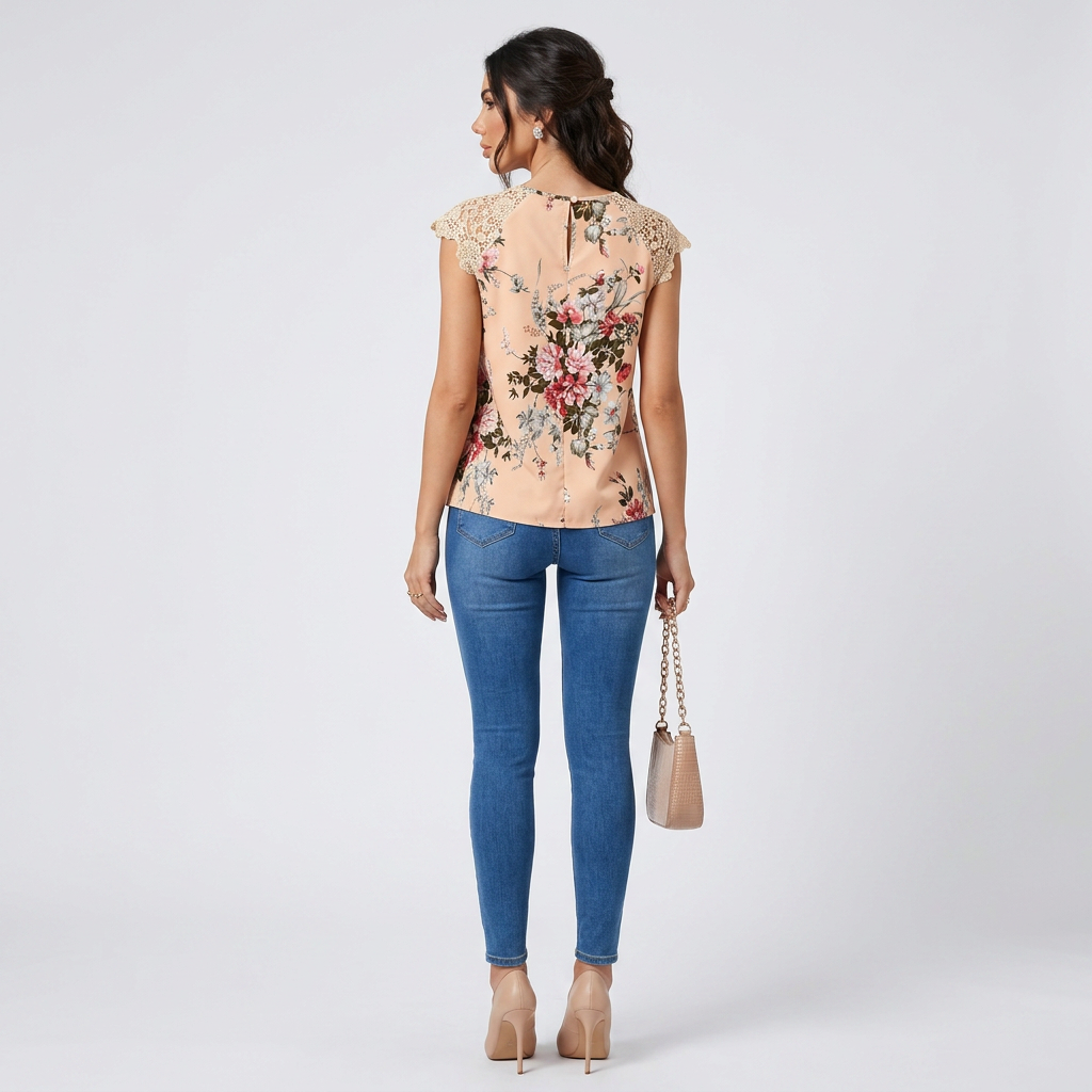 Blusa de mujer en color beige con estampado floral, cuello redondo, abertura en el hombro, encaje, sin mangas – Primavera/Verano, dulce y elegante, camiseta informal para el día a día