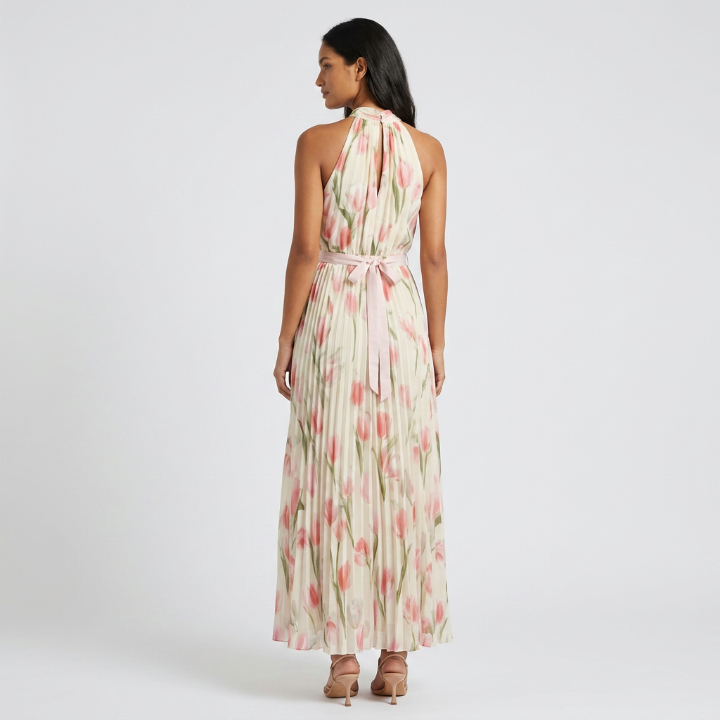 Vestido maxi para mujer: vestido largo de verano con cuello halter y estampado | corte elegante con pliegues