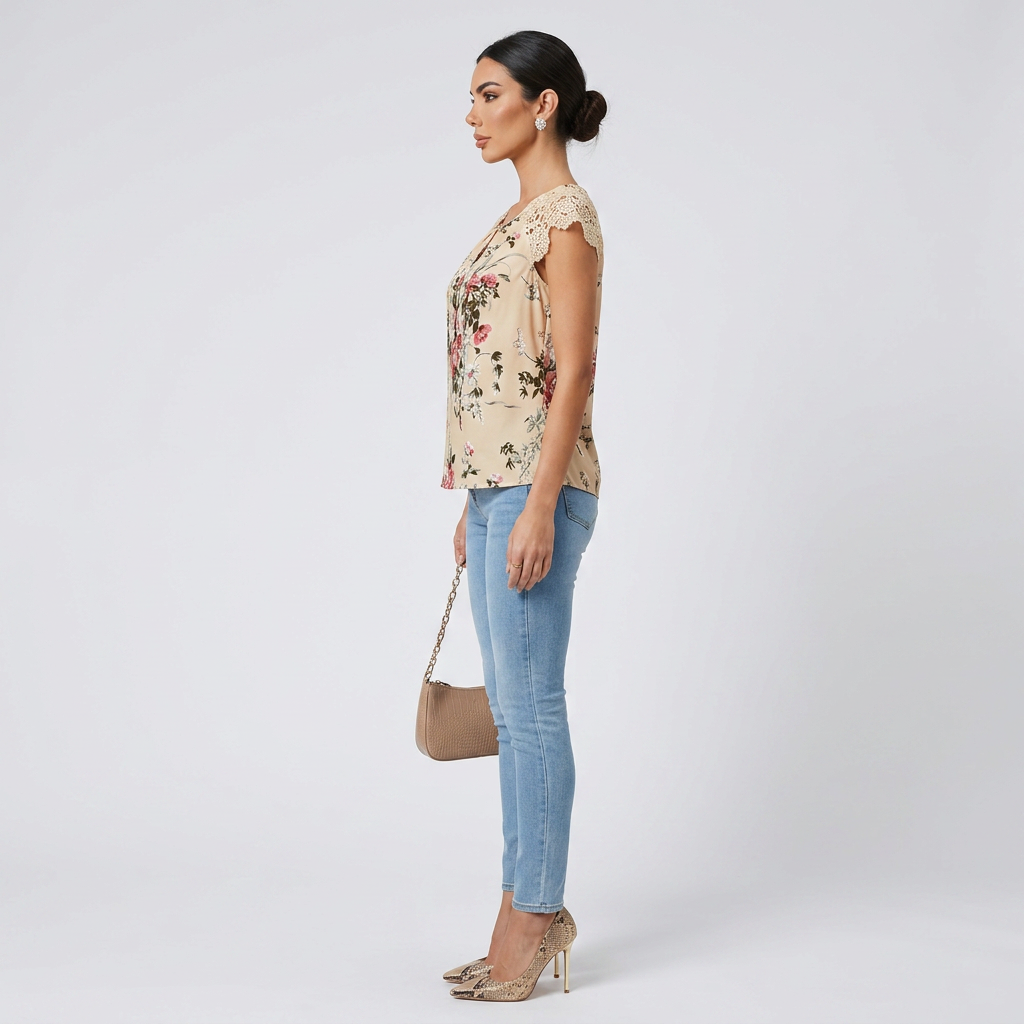 Blusa Floral Mujer con Mangas de Encaje
