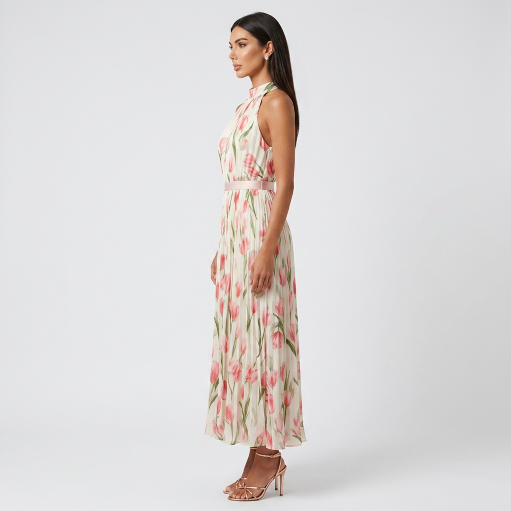 Vestido maxi para mujer: vestido largo de verano con cuello halter y estampado | corte elegante con pliegues