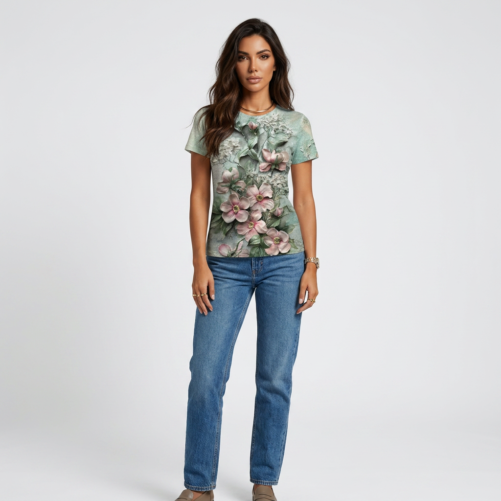 Camiseta de mujer con estampado floral: camisetas con estampado floral en 3D, camisetas informales de verano con cuello redondo, camisetas oversize de manga corta