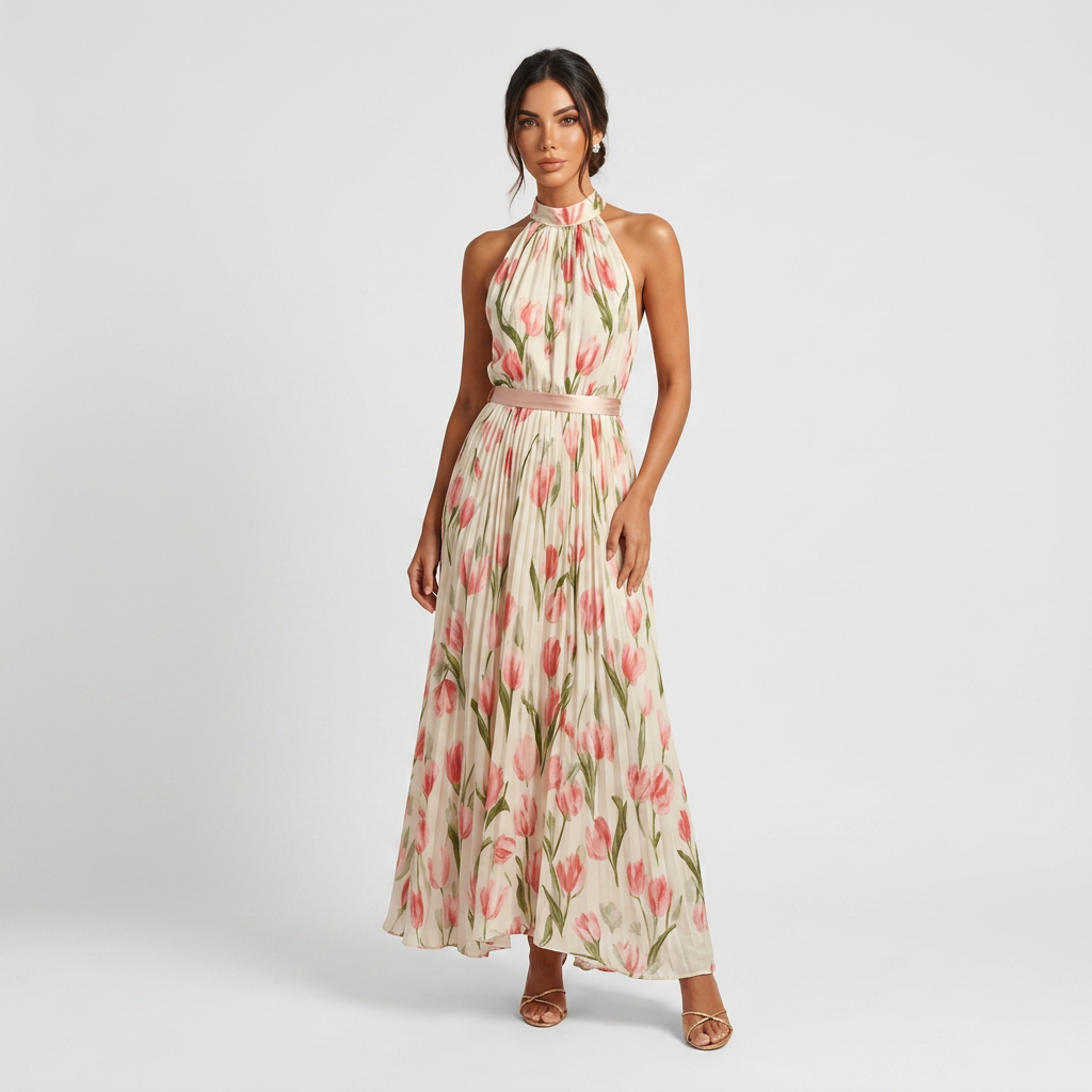Vestido Maxi Floral Mujer con Cuello Halter