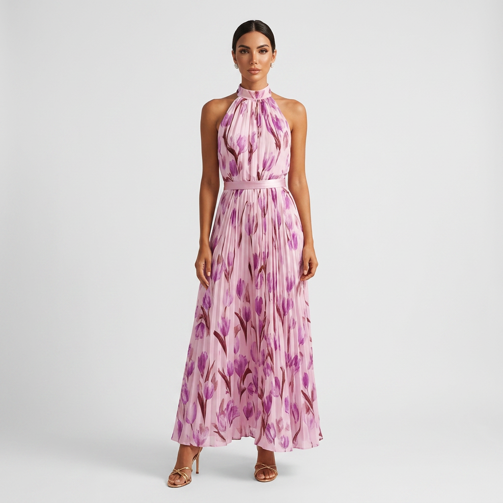 Vestido maxi para mujer: vestido largo de verano con cuello halter y estampado | corte elegante con pliegues