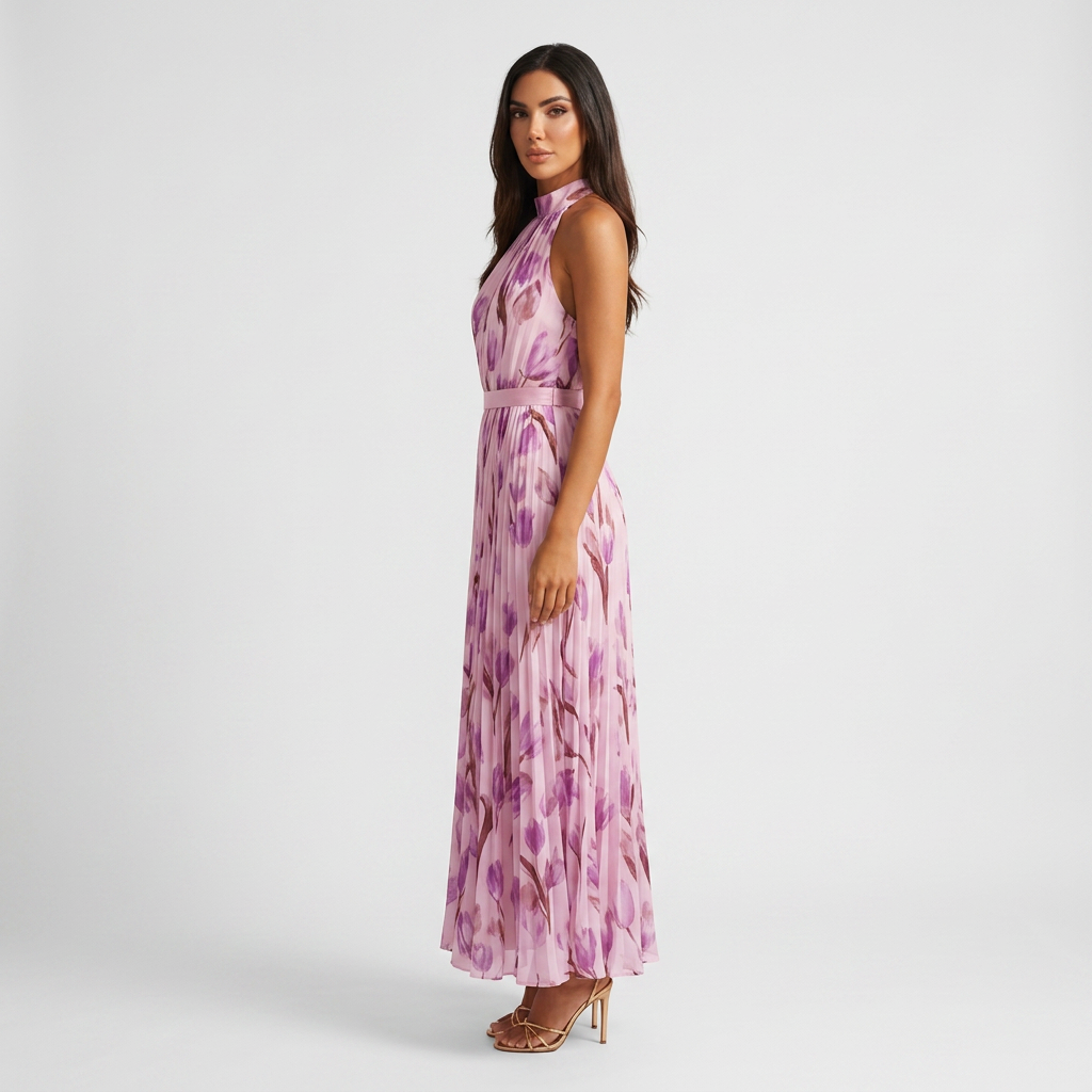 Vestido maxi para mujer: vestido largo de verano con cuello halter y estampado | corte elegante con pliegues