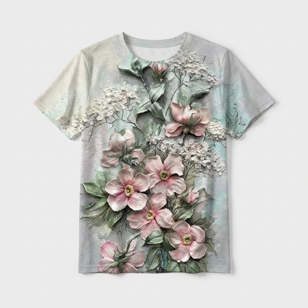 Camiseta de mujer con estampado floral: camisetas con estampado floral en 3D, camisetas informales de verano con cuello redondo, camisetas oversize de manga corta