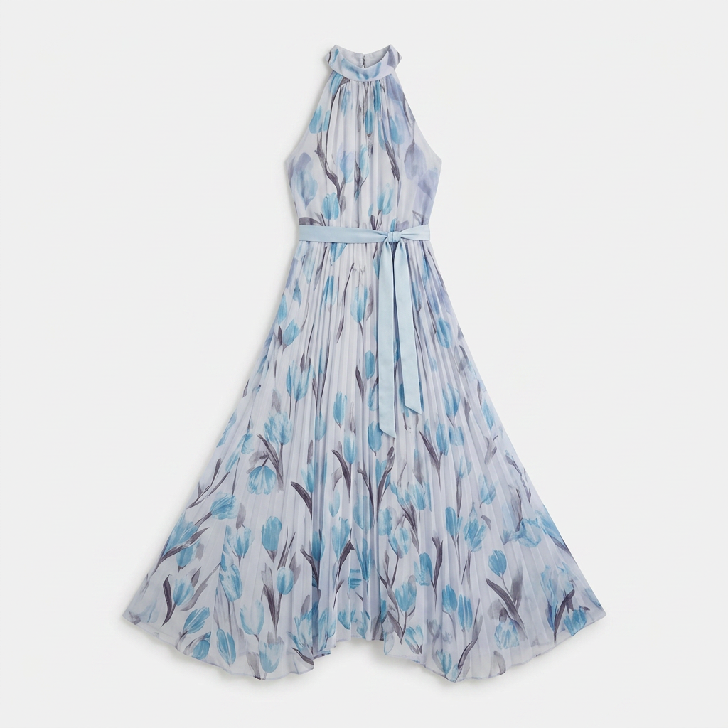 Vestido maxi para mujer: vestido largo de verano con cuello halter y estampado | corte elegante con pliegues