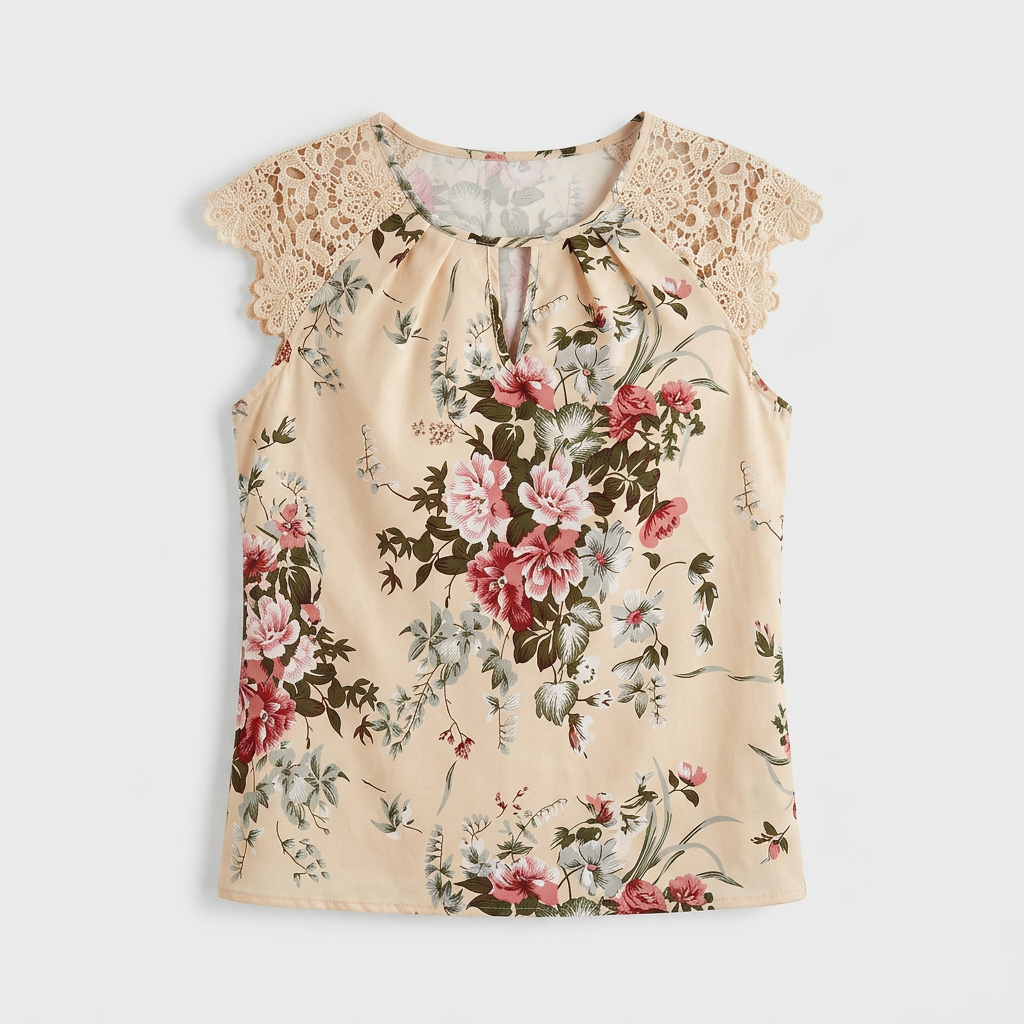 Blusa de mujer en color beige con estampado floral, cuello redondo, abertura en el hombro, encaje, sin mangas – Primavera/Verano, dulce y elegante, camiseta informal para el día a día
