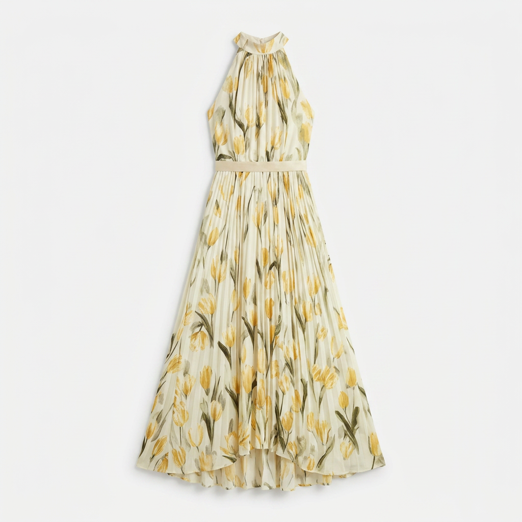 Vestido maxi para mujer: vestido largo de verano con cuello halter y estampado | corte elegante con pliegues