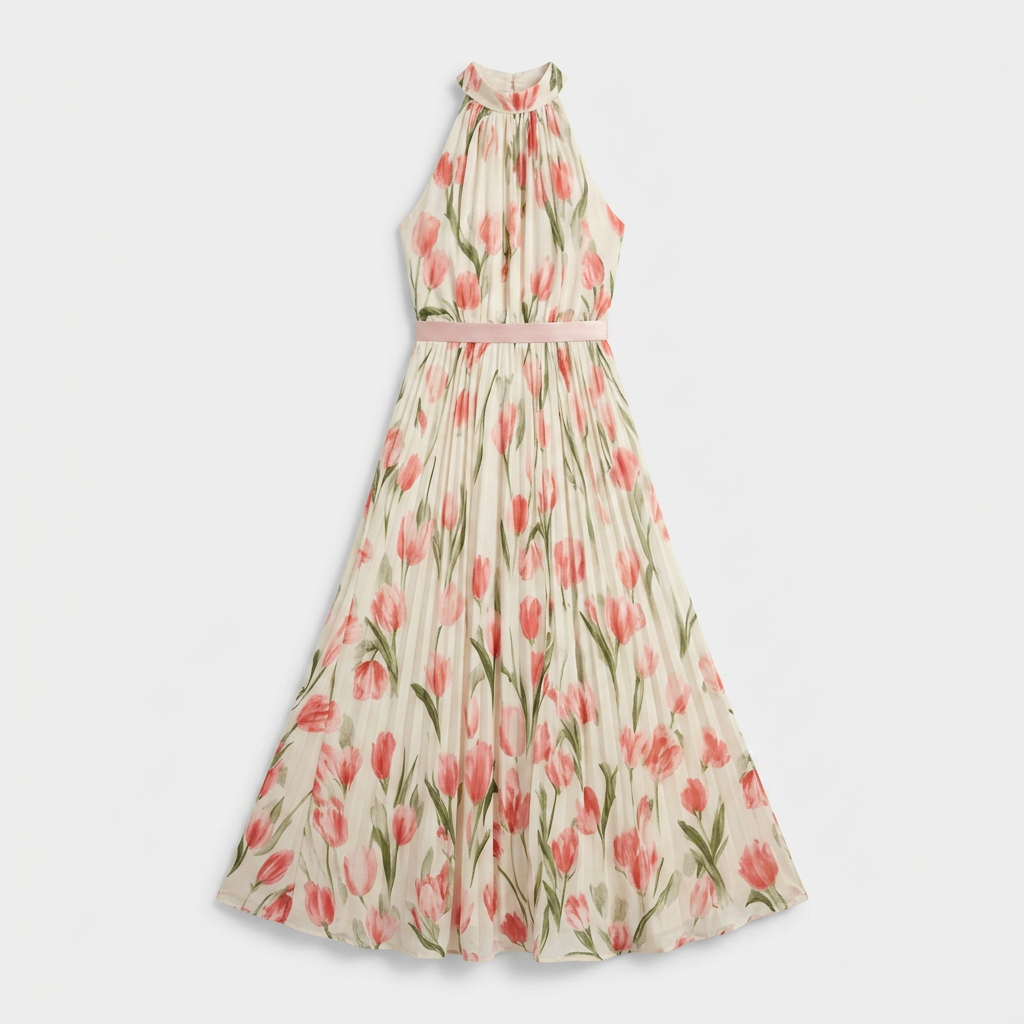 Vestido maxi para mujer: vestido largo de verano con cuello halter y estampado | corte elegante con pliegues