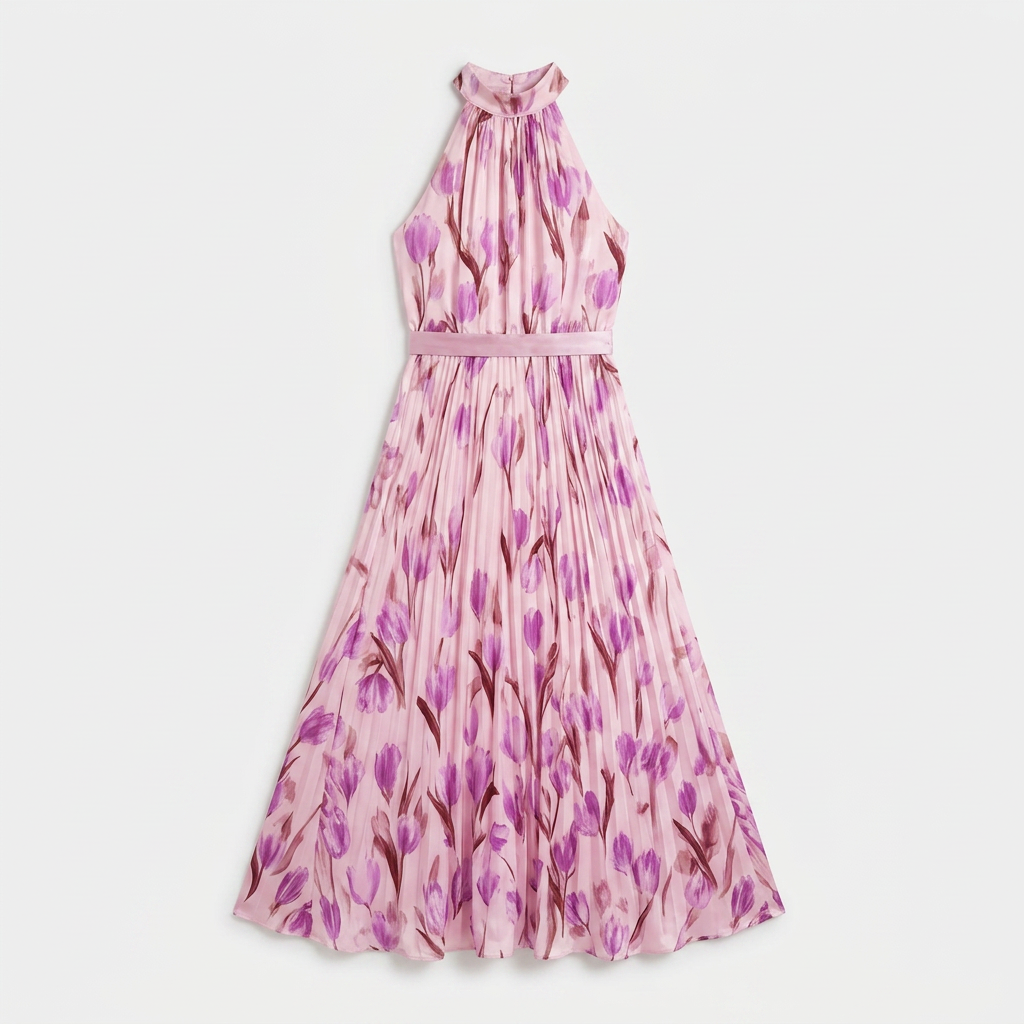 Vestido maxi para mujer: vestido largo de verano con cuello halter y estampado | corte elegante con pliegues